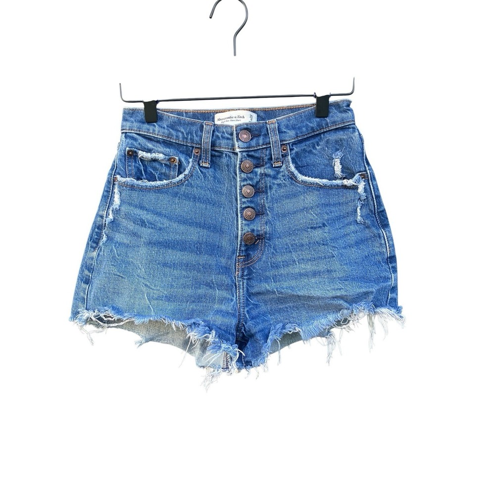 Abercrombie Curve Love Hi Rise Mom Shorts 25 0 Blue Denim Button Fly Distressed - Picture 11 of 11